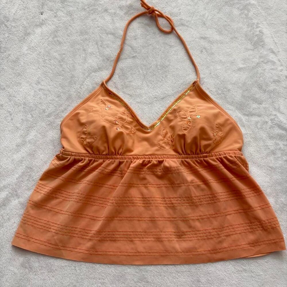 Orange Embroidered Rhinestone Halter Top Women's S Y2K Vintage 2000s Fairycore